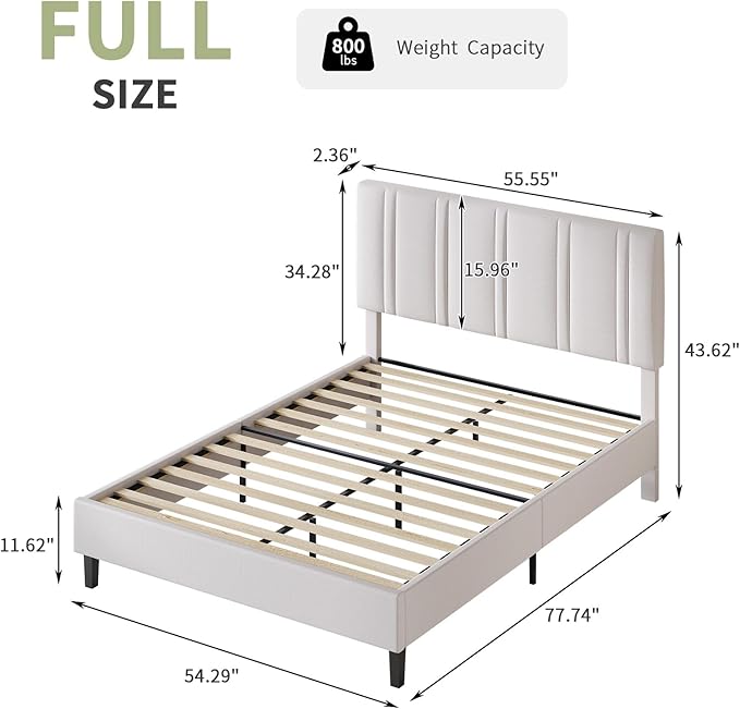 Full Bed Frame, Upholstered Platform Bed with Button Tufted Headboard, White Bed Frame Full Size, No Box Spring Required, Easy Assembly, White