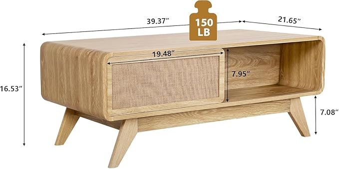 AVZEAR Boho Modern Coffee Table with Storage for Living Room, Wood Coffee Table with Nature Linen Doors, Curved Edge Center Table Farmhouse Coffee Tables for Living Room, Natural Color
