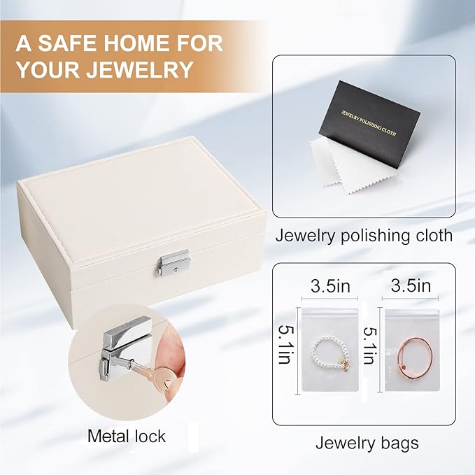 Jewelry Box Organizer for Women Girls 2 Layer Leather Travel Jewelry Storage Case with Lock and Removable Tray for Necklace Earrings Rings Bracelets Gift, Come with Polishing Cloth and Jewelry Bags