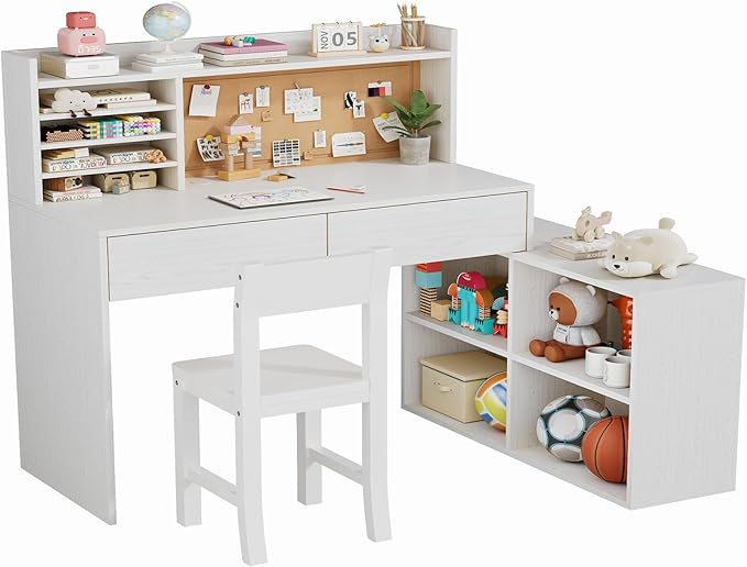 Wooden Kids Desk and Chair Set, 2 Drawers and Remove Storage 4 Cabinets, Children Study Desk with Hutch and Shelves, Boys & Girls Study Desks for Kids Bedroom (White)-Qx0eVu