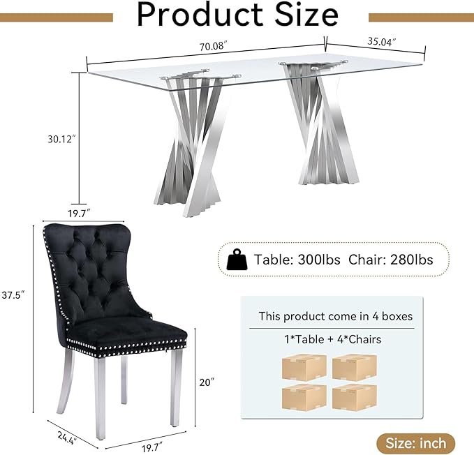 Goujxcy Modern 5 Piece Glass Dining Table Set Luxury Glass Kitchen Table and Chair Set for 4, 70" Large Rectangular Dining Room Table with 4 Tufted Chairs and Stainless Steel Legs (Silver & Black)