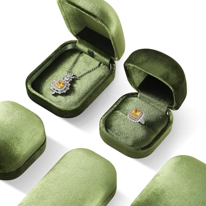 Resilient Velvet Ring Earrings Bracelet Necklace Display Box, Travel Mini Jewelry Organizer Case (Green, Necklace Box)