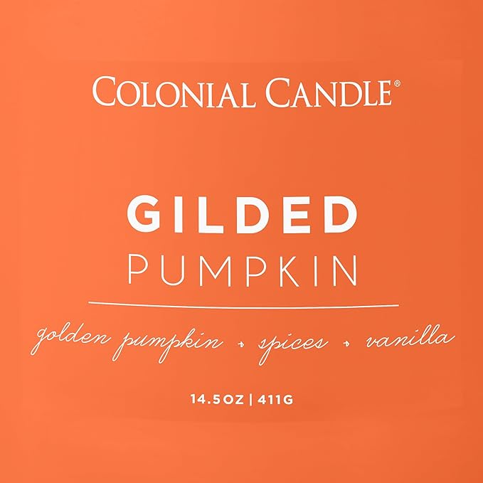 Colonial Candle Gilded Pumpkin Scented Jar Candle, Pop of Color Collection, 3 Wick, Orange, 14.5 oz - Up to 60 Hours Burn