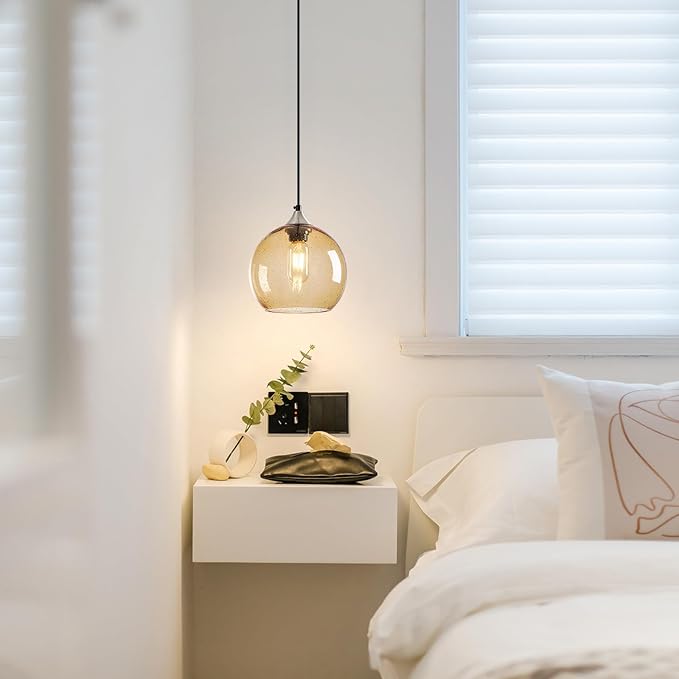 Light Brown Glass Pendant Lights Kitchen Island Lighting Globe Pendant Light Fixtures Modern Pendant Lighting for Bedroom Living Dining Room Light Fixture (7.87 in, 3 Pack)