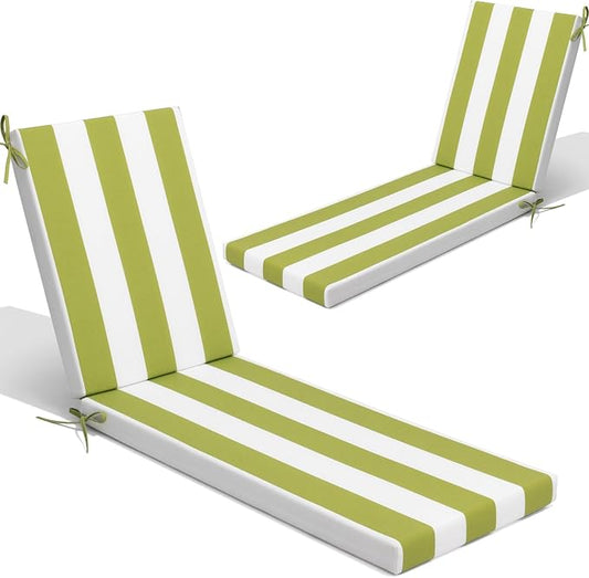 Crestlive Products Chaise Lounge Cushions Set of 2, Outdoor Cushions for Patio Furniture, Water Resistant Lounge Chair Cushion for Pool, Deck, Lawn, 80''L x 21''W, Green White Stripe