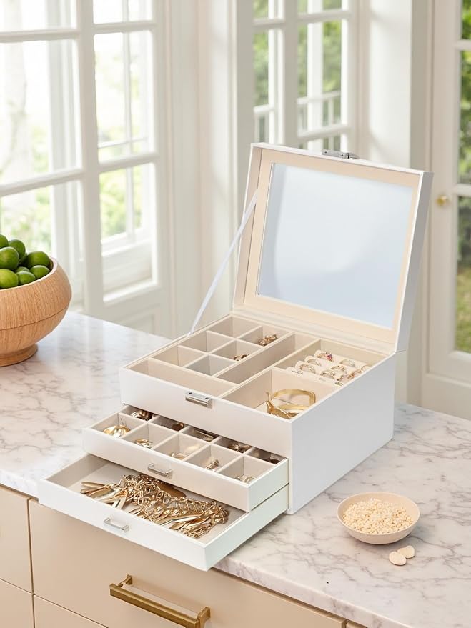 Clear Lid Jewelry Box,3 Layers Jewelry Organizer Large Multi-Functional Jewelry Storage Box with 2 Drawers,Jewelry Display Case of Rings Earrings Necklace Bracelets for Women Girls (Light gold)