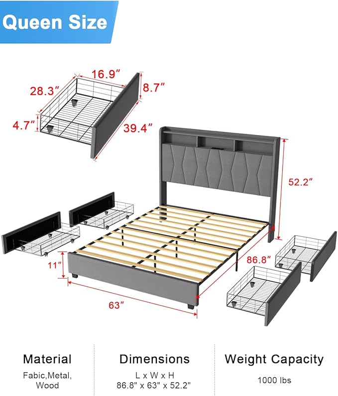Queen Bed Frame, Velvet Upholstered LED Platform Bed with Headboard Storage, Queen Bed Built-in Charging Station with 4 Drawers, Wood Slat Support, No Box Spring Needed, Grey