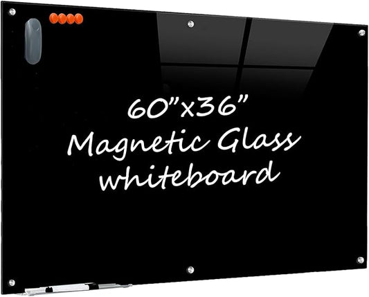 Glass Dry Erase Black Board - Magnetic Blackboard 60"X36" Frameless White Board Clear Glass Boards with Super Strong Magnets, Wall Mounted for Office, Classroom and Home