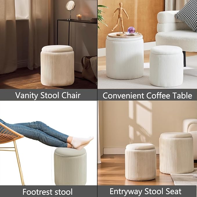 Round Ottoman with Storage Set of 2-Upholstered Velvet Vanity Stool for MakeupMultifunctional Ottomans Coffee Table Padded Seat Foot Rest for Living Room&Bedroom(White-Upgrade Tray Lid)