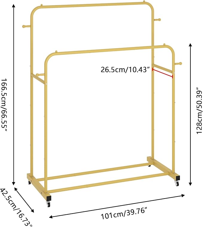 Laiensia Double Rods Garment Rack with Wheels, Clothing Rack for Hanging Clothes,4 Hooks, Multi-Functional Bedroom Clothes Rack, Gold