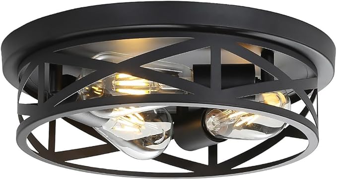Farmhouse Cage Ceiling Light Fixtures, 3-Light Indoor Close to Ceiling Lights, 13 Inch Round Vintage Metal Flush Mount Ceiling Lights for Bedroom, Living Room, Porch Kitchen Entrance, Black