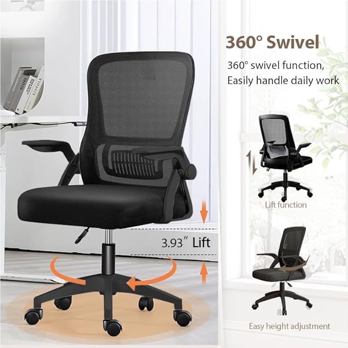 Office Chair, Ergonomic Desk Breathable Mesh Swivel Chair with Flip-Up Arms and Lumbar Support Computer for Home Office