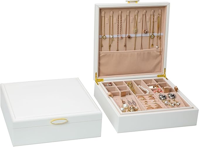 Jewelry Box Organizer for Women,White 2 Layer jewelry Stoarge Case,Built in Necklace Hook and Detachable Jewelry Tray,Indoor Jewelry Display Box