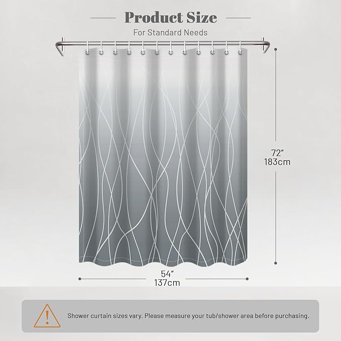 Punkray Ombre Grey Shower Curtain for Bathroom with Hooks, White Shower Curtain Set, Stripe Bath Curtains Decorative Shower Curtains Water Repellent Washable, 54 x 72