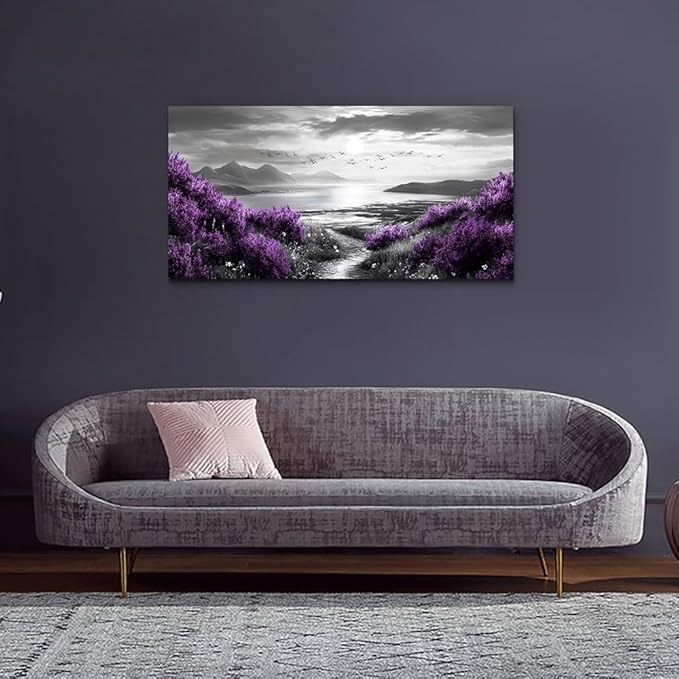 Canvas Wall Art for Living Room Large Wall Decor for Bedroom Modern Office Wall Decoration Purple Flowers Landscape Paintings Black and White Scenery Pictures Artwork Aesthetic Home Decor