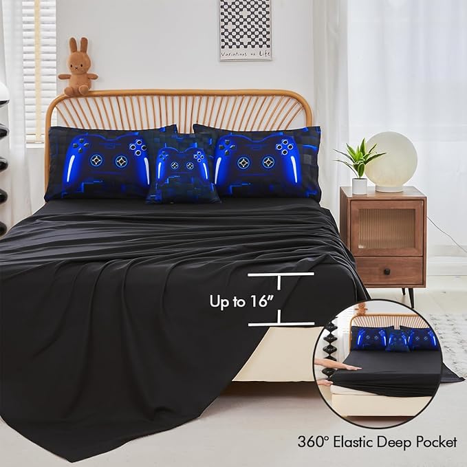 PERFEMET Twin Size Bed in A Bag 6 Pieces Gaming Bedding Set for Boys Blue Gamer Comforter with Sheet Set for Kids Teen Cool Video Game Black Quilt Bedding Set(Blue, Twin)