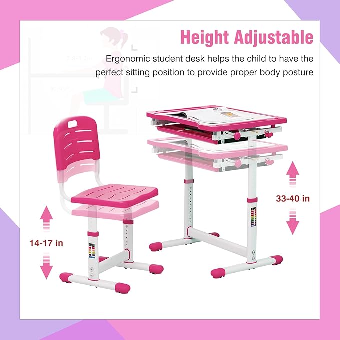 PayLessHere Kids Desk and Chair Set,Height Adjustable Study Desk for Kids with Pull Out Drawer Storage,Multi-function Study Desk and Chair for Writing, Reading and Drawing (Pink)