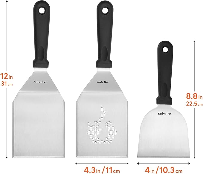 onlyfire 3PCS Stainless Steel BBQ Griddle Tools, Multifunctional Grill Utensil Set Including 2 Wide Spatulas, 1 Chopper/Scraper for Blackstone and Camp Chef
