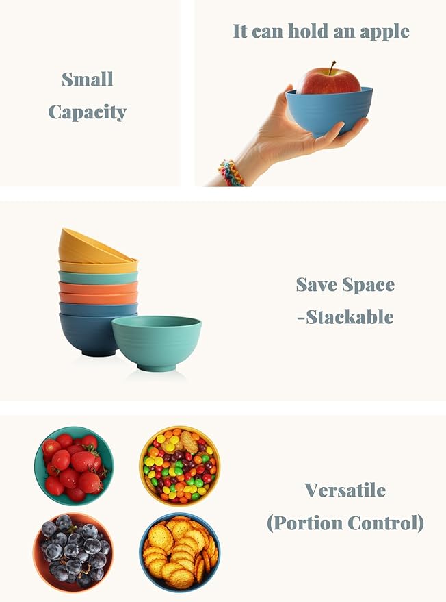 Homienly Wheat Straw Small Bowls, Unbreakable Dessert Bowls set of 8, 10 OZ Mini Bowl for Kitchen, Microwave and Dishwasher Safe Small Bowl for Snack, Ice Cream, Yogurt,Portion Control - Multi, Matte