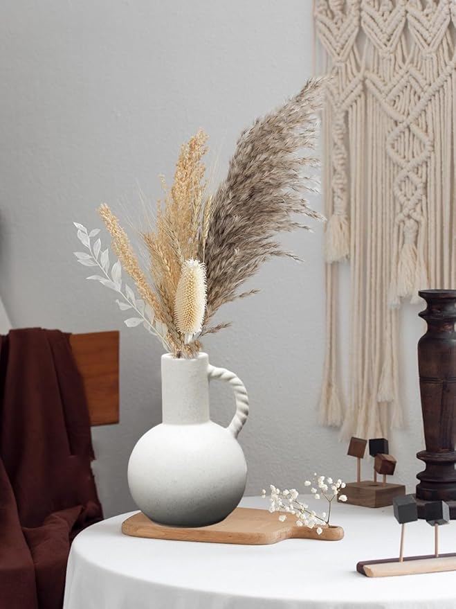 Ceramic Vase with Handles, Minimalist Modern Home Decor, Small Pampas Grass Vases for Table, Shelf Bookshelf, Mantel, Entryway Decorative Flower Vase Centerpieces for Dining Table