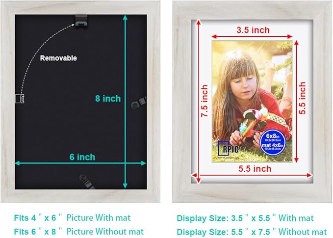 RPJC 6x8 inch Picture Frame Made of Solid Wood and High Definition Glass Display Pictures 4x6 with Mat or 6x8 Without Mat for Wall Mounting Photo Frame Rustic White