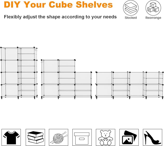 AWTATOS Closet Organizer 8 Cube Storage Shelves Clothes Organizers Closet Storage Stackable Cubby Shelving for Closet Bedroom Living Room Translucent