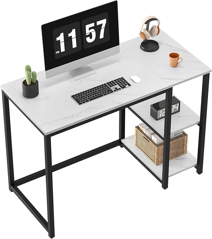 SINPAID Computer Desk 40 inches with 2-Tier Shelves Sturdy Home Office Desks with Large Storage Space Modern Gaming Desk Study Writing Laptop Table, Black Marbling (White Marble, 40 inch)