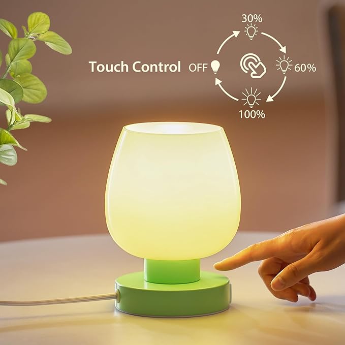 ONEWISH Touch Bedside Table Lamp with USB Charging - 3 Way Dimmable Small Glass Lamp for Bedroom, 2700K LED Bulb Included, Green, 2 Packs