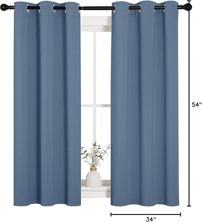 NICETOWN Kitchen Curtains with Grommet Top, Privacy & Room Darkening Thermal Insulated Draperies for Boys Bedroom, Nursery (Stone Blue, 34" Wide by 54" Long, Set of 2)