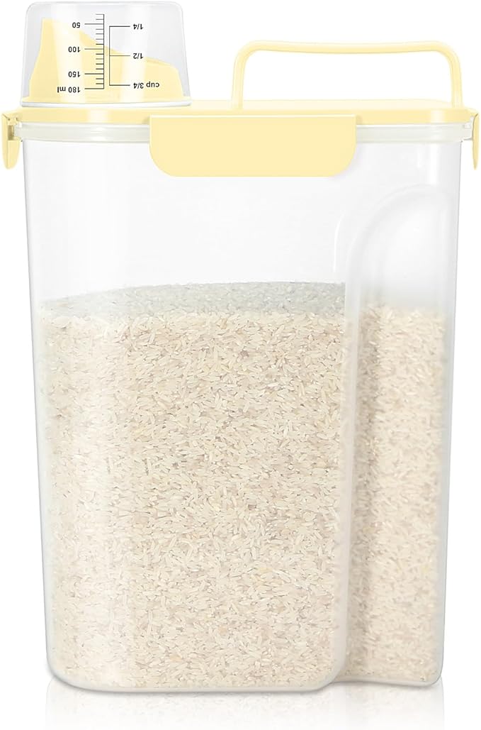 TBMax Airtight Rice Container 10 Lbs, Cereal Dispenser, Travel Pet Cat Dog Food Storage Container, Plastic Kitchen Pantry Food Storage Holder with Cup -Light Yellow