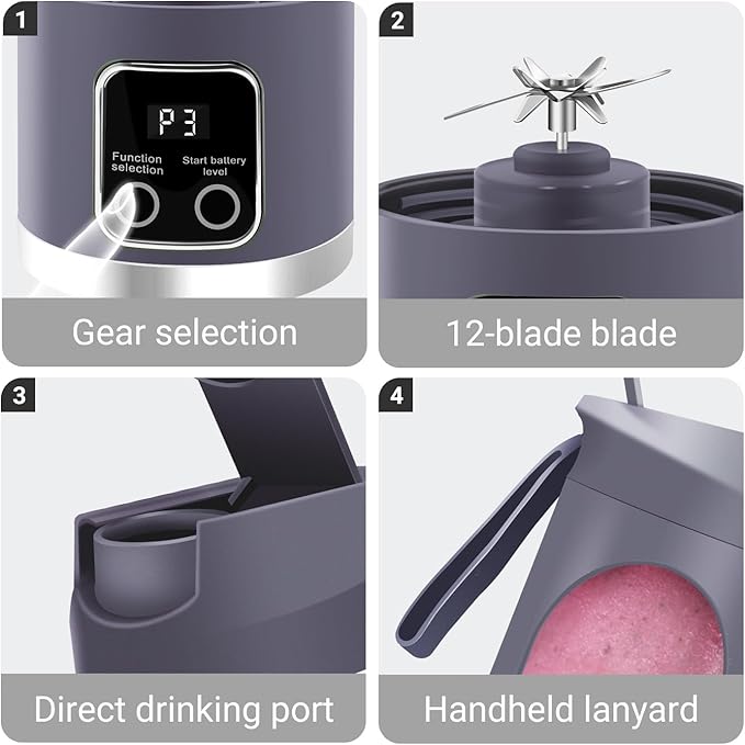 Portable Personal Electric USB Juicer，500ML Mini Blender Portable Blender For Shakes and Smoothies juice，12 Blades Great for Mixing，Compact、Convenient and Versatile (Purple)