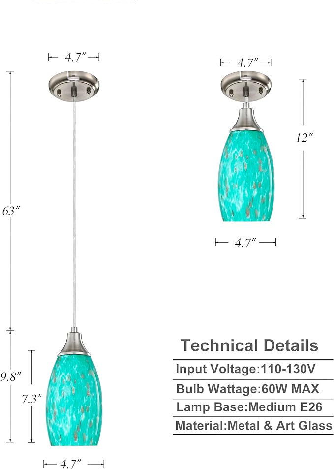 Mini Pendant Lights Kitchen Island Hand Blown Aqua Glass Pendant Light with Brush Nickel Finish Adjustable Cord for Kitchen Over Sink,Hallway,Dining Room,Stairs Way
