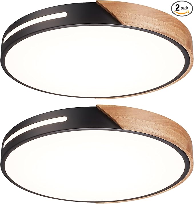 Wood Ceiling Light Flush Mount LED 36W 2Pack, 16 inch Flush Mount Black 5CCT, Kitchen Light Fixtures Ceiling Mount, Dimmable Close to Ceiling Light for Bedroom, Living Room, Bathroom