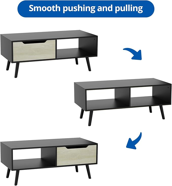 Cozy Castle Modern Coffee Table, Wooden Cocktail Table with Storage, Minimalist Hallway Table, Mid Century Modern Coffee Table for Living Room Apartment Reception, Black