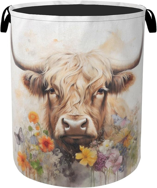 Highland Cow Summer Flowers Large Clothes Hamper Bag - Laundry Basket with Handles, Space Saving Foldable Design for Nursery