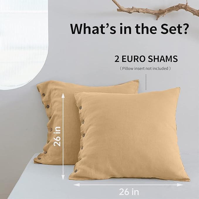 Simple&Opulence 100% Washed Linen Euro Sham Cover, 26 x 26 Inch, Decorative Bed Pillow Cover with Coconut Button, Solid Color Pillow Shams Set of 2 (Sand)