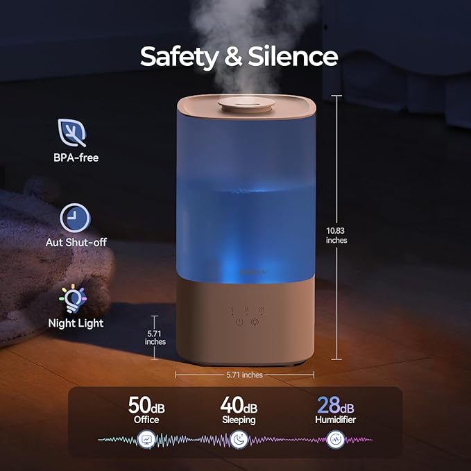 Humidifiers for Bedroom, Top Fill 2.5L Cool Mist Humidifiers for Large Room, Easy to Fill & Clean, 30H Runtime, 28dB Quiet Air Humidifier for Plants, Baby Nursery, Indoor with Night Light