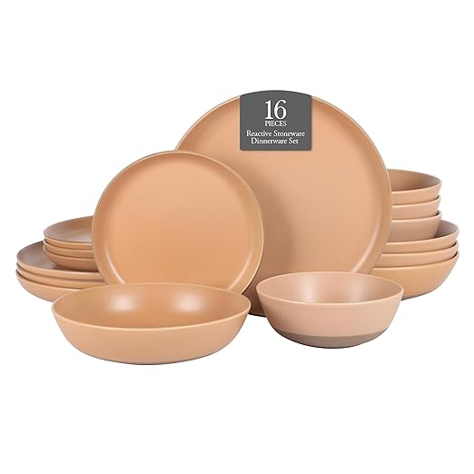 Gibson Elite Laguna Bliss 16 Piece Stoneware Reactive Glaze (Service for 4) Ceramic Plates and Bowls Dinnerware Set - Matte Clay W/Terracotta Bottom
