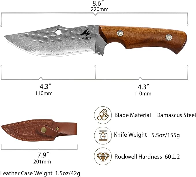 Meat Cleaver with Leather Sheath, Hand Forged Kitchen Utility Knife, 4.3" - Damascus Steel Blade for Cutting Meat, BBQ Brisket Knives for Home Outdoor Camping, Full Tang
