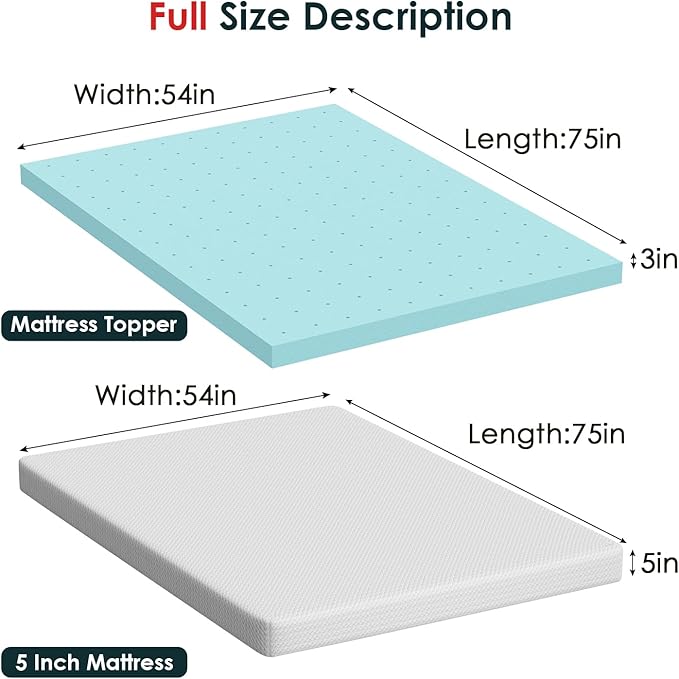FDW 5 inch Full Mattress Gel Memory Foam Mattress for Cool Sleep + 3 Inch Gel Memory Foam Topper Set,CertiPUR-US Certified (Full)