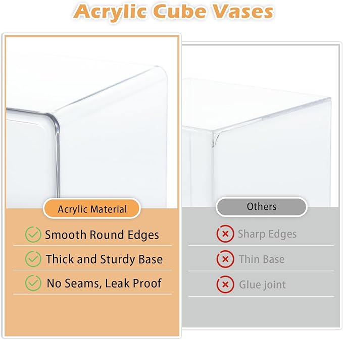 Acrylic Cube Vases Set of 3, Clear Square Vases, Shatterproof Flower Vase Decorative Centerpiece for Home, Wedding, 4”+5”+6”