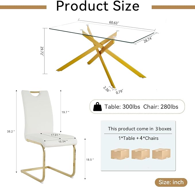 Modern Glass Dining Table Set for 4, Gold Glass Kitchen Table and Chairs Set of 4, 5 Piece Dining Room Table Set with 61" Rectangular Metal Glass Dinner Table and 4 White Leather Dining Chairs