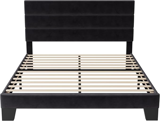 Allewie Full Size Platform Bed Frame with Velvet Upholstered Headboard and Wooden Slats Support, Fully Upholstered Mattress Foundation/No Box Spring Needed/Easy Assembly, Black