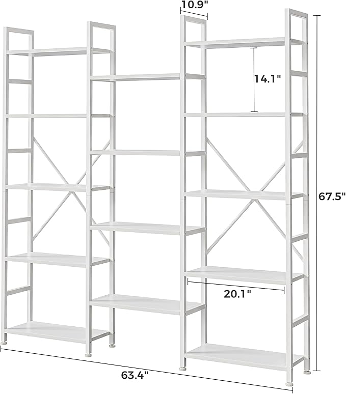 SUPERJARE Triple 5 Tier Bookshelf, Bookcase with 14 Open Display Shelves, Wide Book Shelf Book Case for Home & Office, White