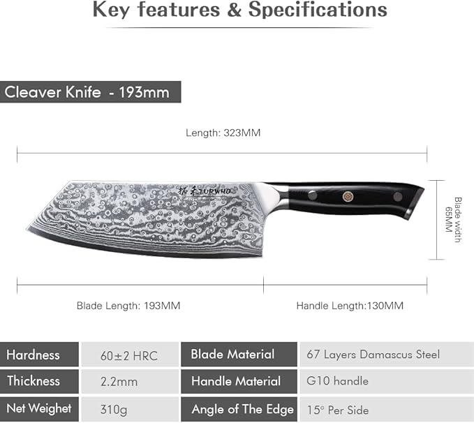 Professional Cleaver Knife 7.5 Inch - Classic Damascus pattern Japanese VG-10 Steel Chef Knives