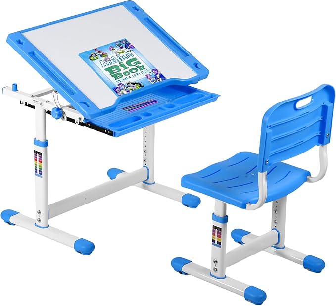 PayLessHere Kids Desk and Chair Set,Height Adjustable Study Desk for Kids with Pull Out Drawer Storage,Multi-Function Study Desk and Chair for Writing, Reading and Drawing,Blue