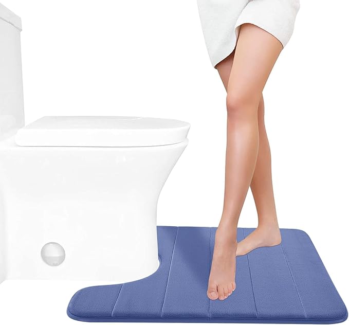 Yimobra Memory Foam Toilet Bath Mat U-Shaped, Soft and Comfortable, Super Water Absorption, Non-Slip, Thick, Machine Wash and Easier to Dry for Bathroom Commode Contour Rug, 24 X 20 Inches, Navy Blue