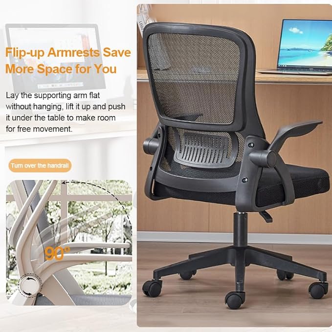 Home Office Chair Ergonomic Breathable Mesh Chair High Back with Adjustable Height Swivel with Flip-Up Arms and Lumbar Support