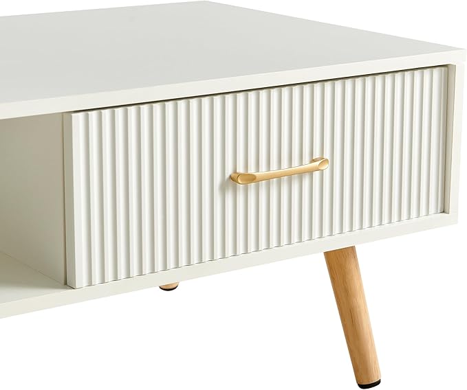 Mid Century Wooden Coffee Table with Stripe Drawer，Modern 41" Large Center Table with Storage，Rectangular White Coffee Tables for Living Room, 2-Tier Cocktail Table, Solid Wood Legs