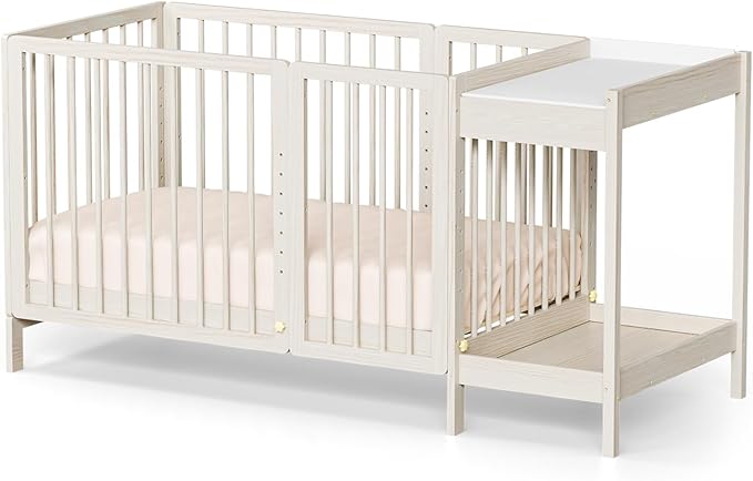 JOYMOR 8 in 1 Convertible Crib with Changer, Include 2” Mattress, Converts to Bassinet, Mid Crib, Full Size Crib, Daybed,Toddler Bed and Playard (Crib with Changer, Washed Natural)